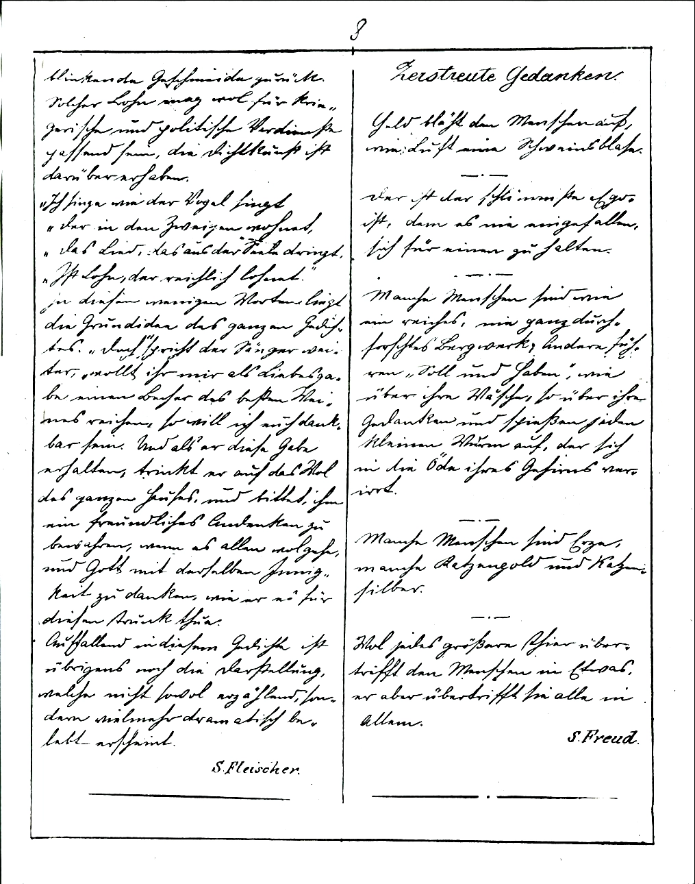 Il foglio numero 8 di Musarion, con lo scritto di Freud sulla metà destra